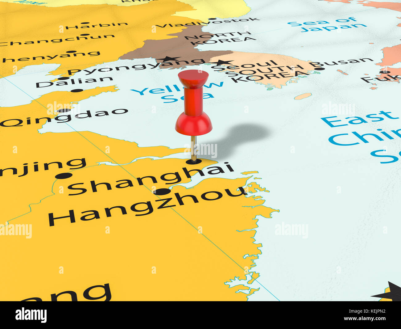 Pushpin sullo sfondo della mappa di Shanghai. illustrazione 3d. Foto Stock