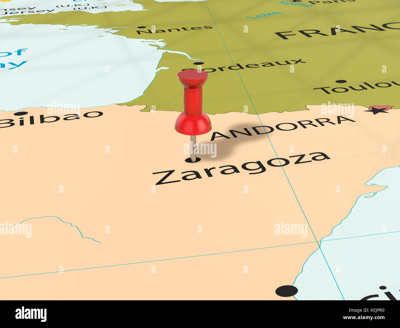 Pushpin sullo sfondo della mappa di Saragozza. illustrazione 3d. Foto Stock