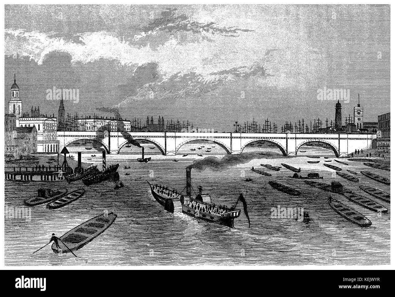 1853 incisione di London Bridge sul fiume Tamigi. Il ponte fu inaugurato nel 1831 e chiuso nel 1967. Esso è ora in Lake Havasu City, Arizona. Foto Stock