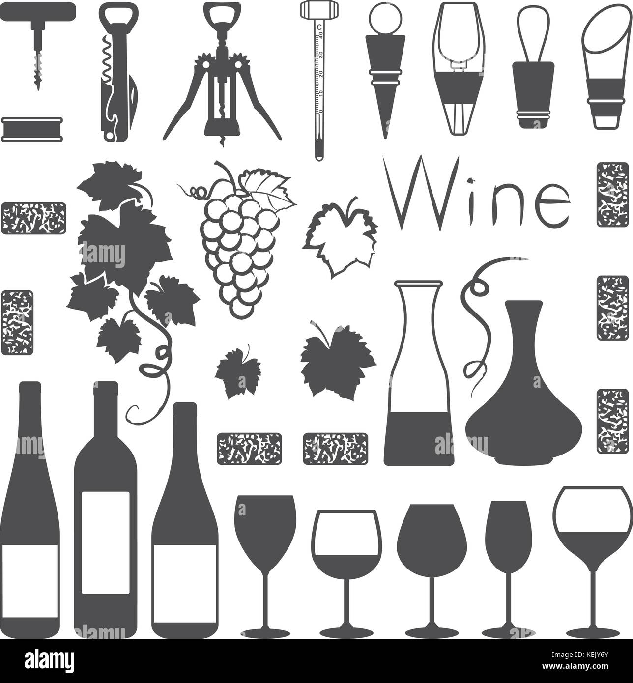 Legati al vino le icone di silhouette. Illustrazione Vettoriale