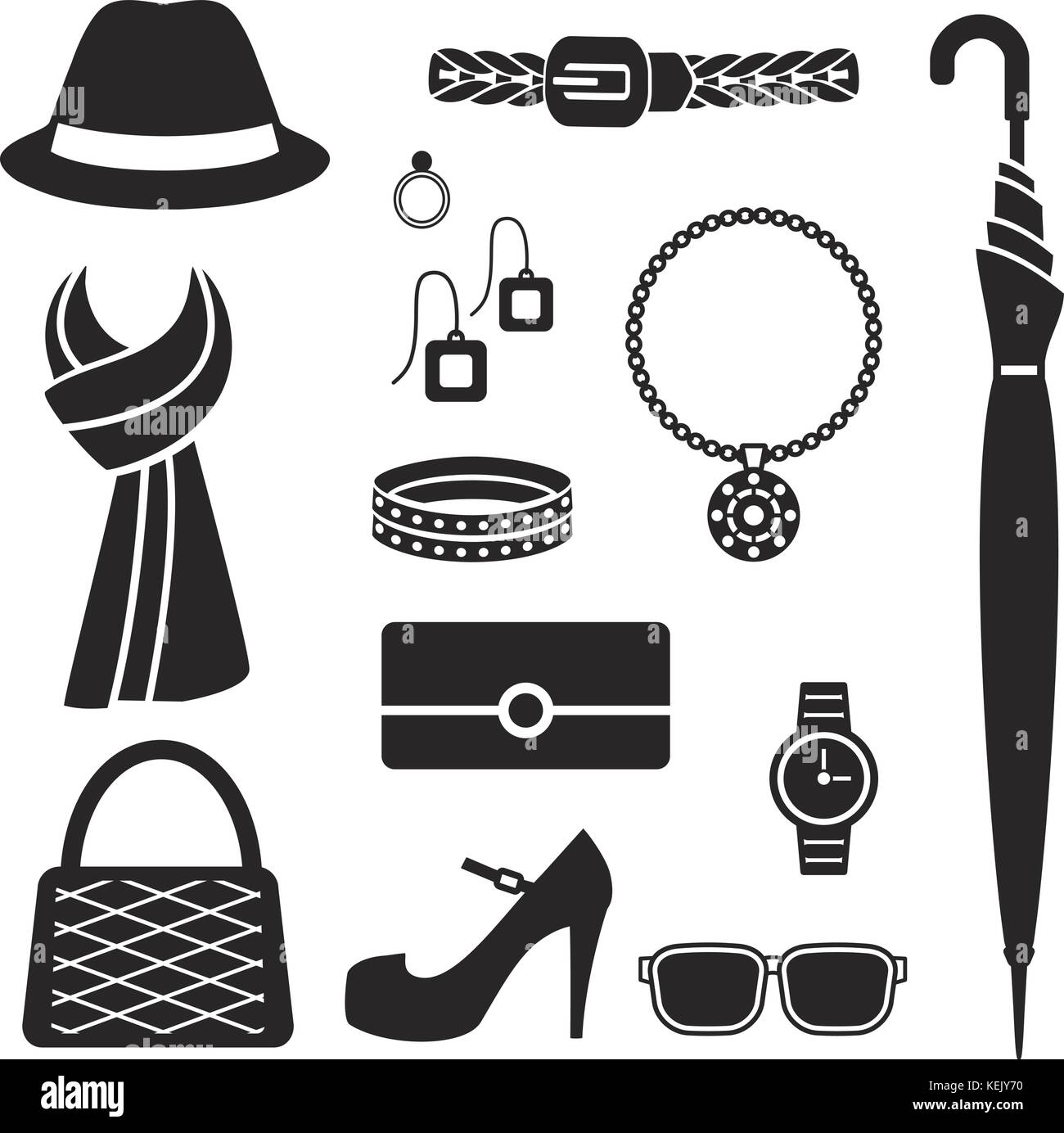 Le donne accessori moda silhouette vettore icone set. Illustrazione Vettoriale