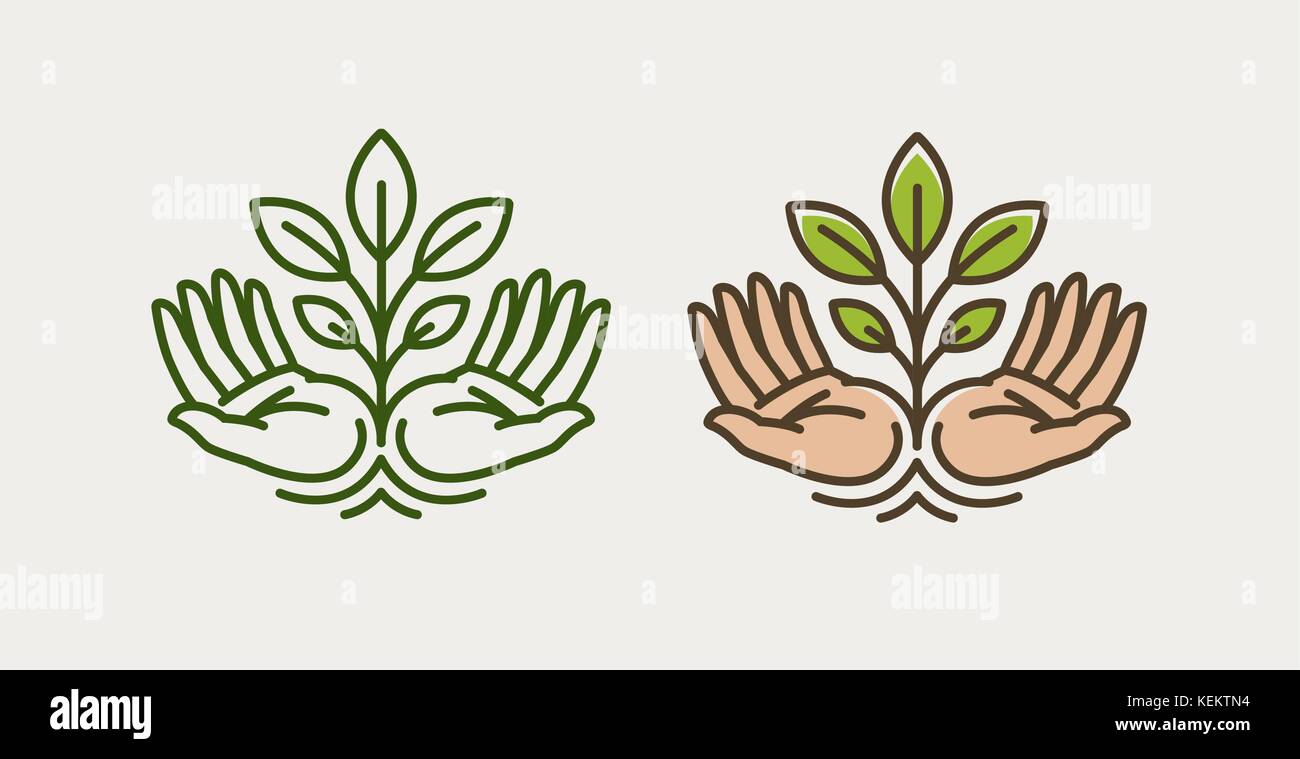 Sprout in mano. Agricoltura, logo o simbolo agricolo. Ecologia, protezione ambientale, icona naturale, organica. Illustrazione vettoriale Illustrazione Vettoriale