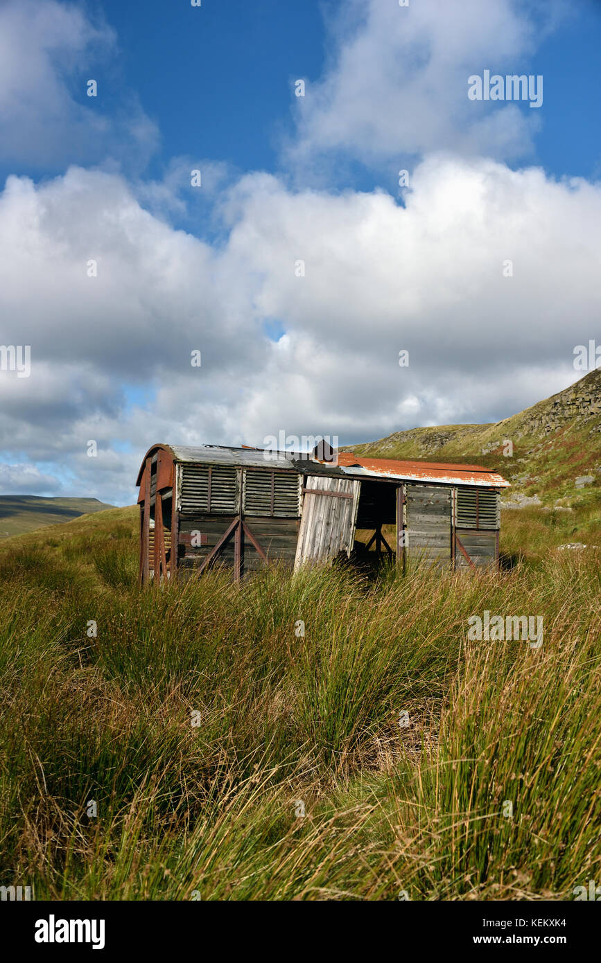 Derelitti carro ferroviario utilizzato come granaio. Birk Dale, Yorkshire Dales National Park, il Yorkshire, Inghilterra, Regno Unito, Europa. Foto Stock