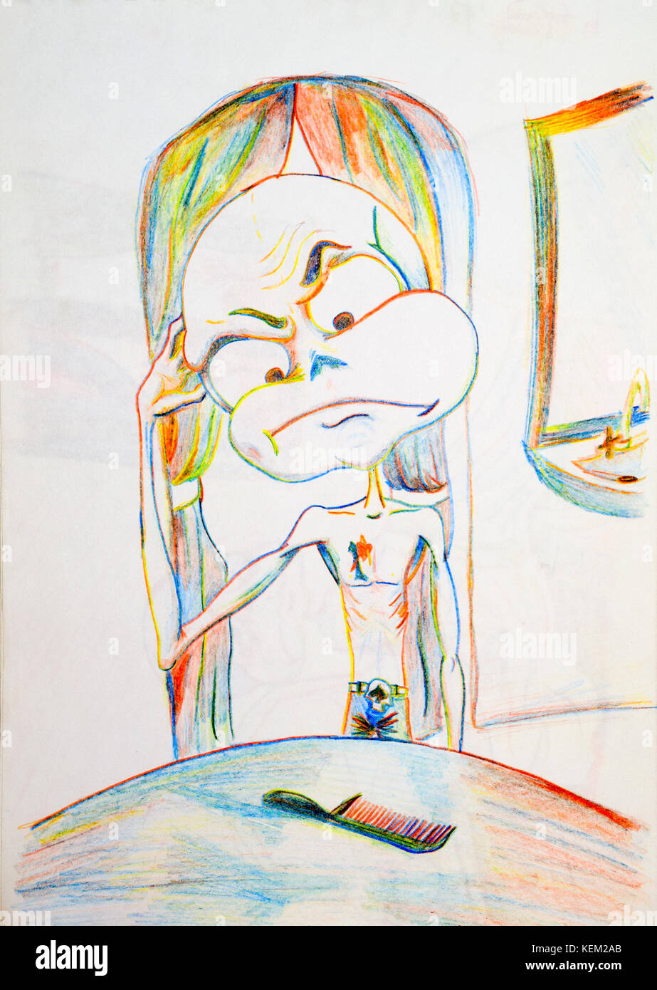 Hero distrofiche guardando a pettine e graffi la sua testa. uomo calvo pensare, perché egli comb. Foto Stock