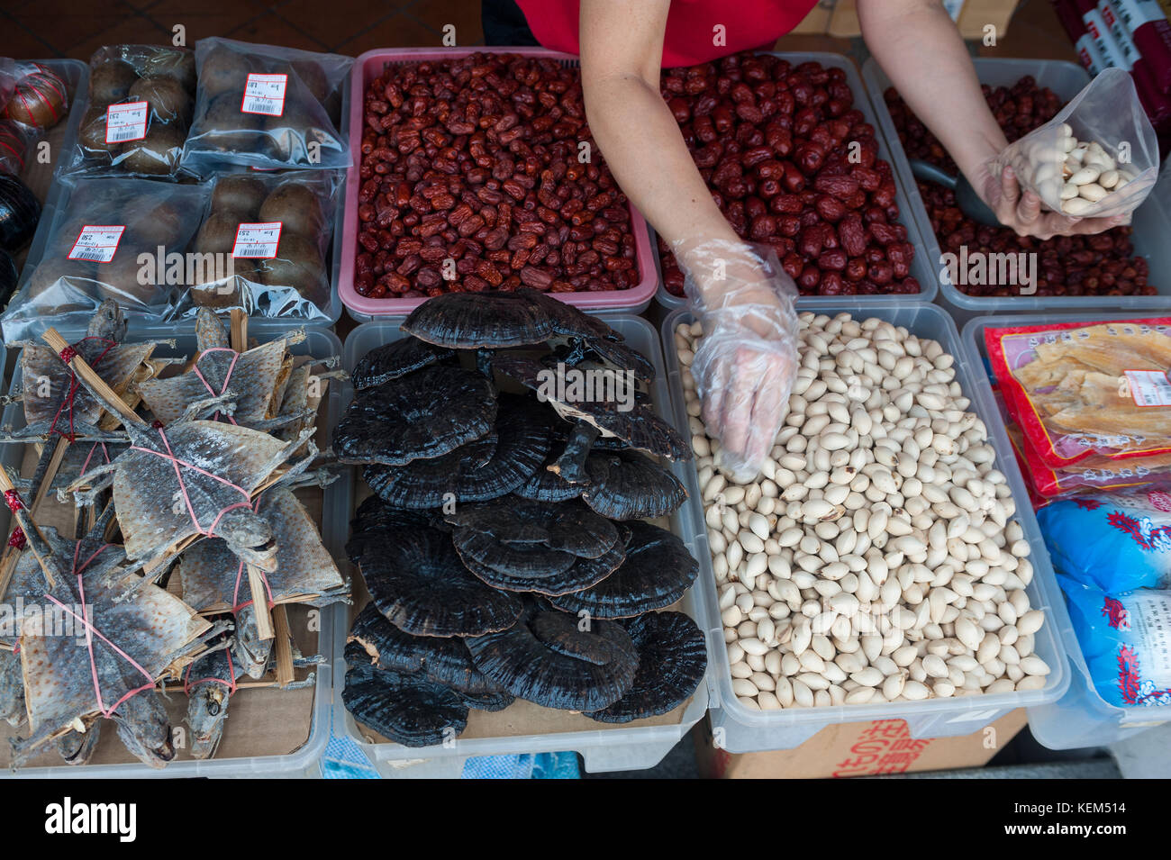 20.10.2017, Singapore, Repubblica di Singapore, in asia - una medicina tradizionale cinese shop vende tutti i tipi di piante essiccate, erbe, frutta e animali. Foto Stock