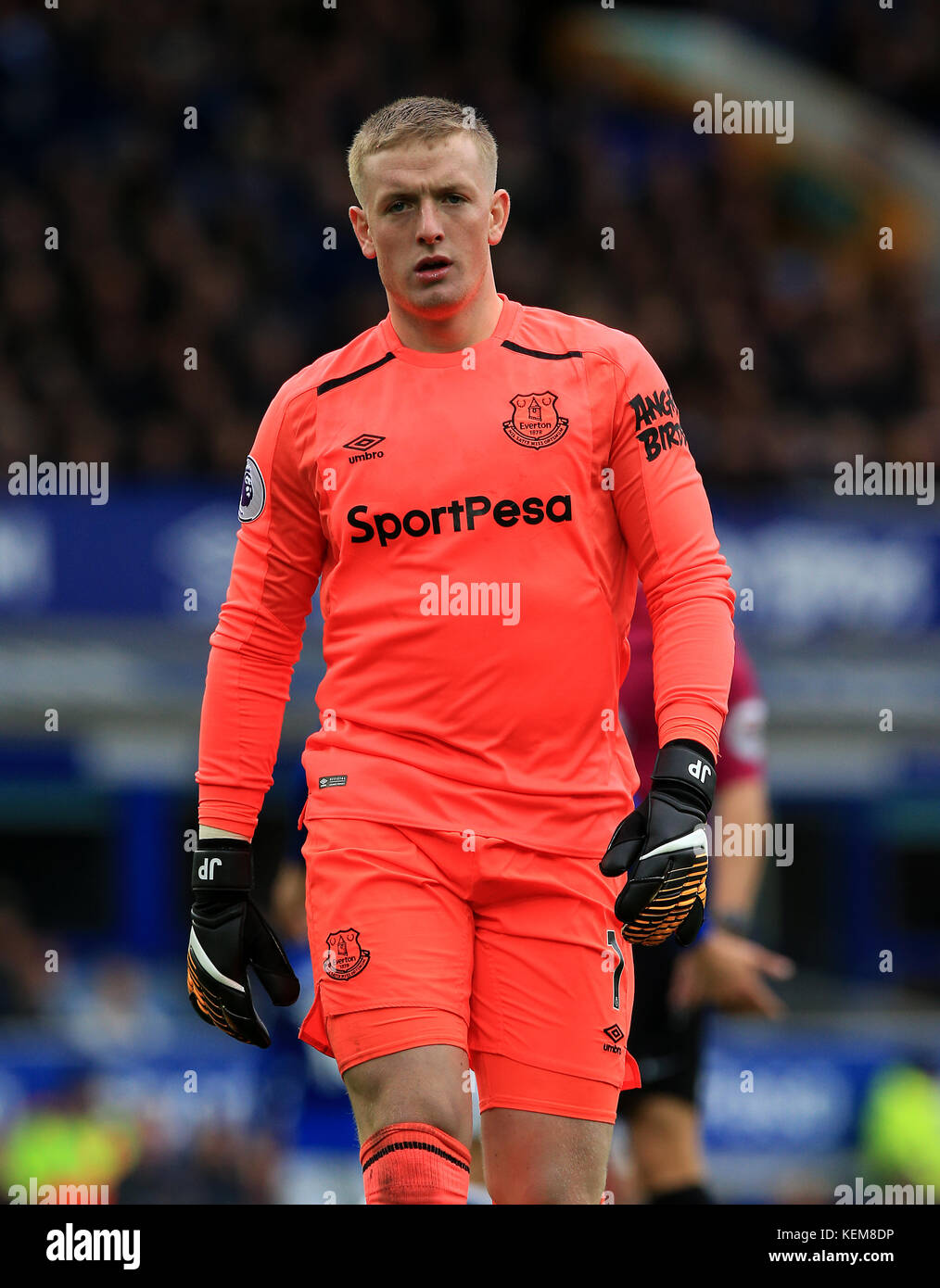 Il portiere dell'Everton Jordan Pickford durante la partita di Premier League al Goodison Park di Liverpool. PREMERE ASSOCIAZIONE foto. Data foto: Domenica 22 ottobre 2017. Guarda la storia del PA FOOTBALL Everton. Il credito fotografico dovrebbe essere: Peter Byrne/PA Wire. RESTRIZIONI: USO SOLO EDITORIALE non utilizzo con audio, video, dati, elenchi di incontri, logo di club/campionato o servizi "live" non autorizzati. Utilizzo online in-match limitato a 75 immagini, senza emulazione video. Non è consentito l'uso in scommesse, giochi o pubblicazioni per club/campionato/giocatore singolo. Foto Stock