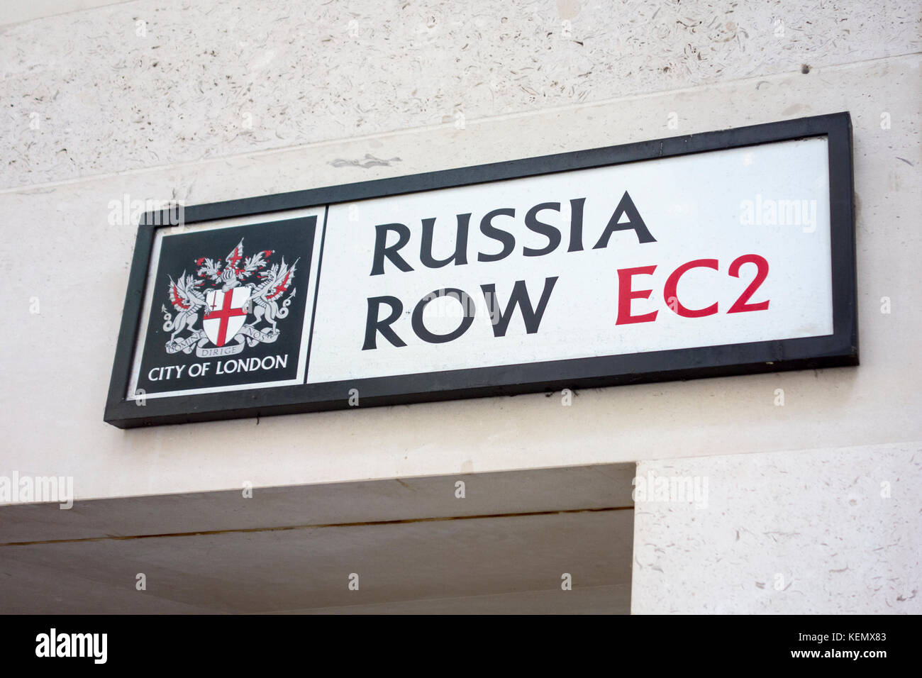 La Russia Row, nome della strada strada segno, città di Londra, Regno Unito Foto Stock