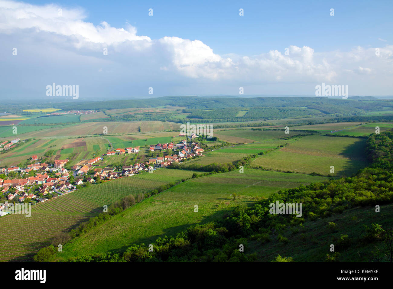 Vista del villaggio di pavlov e le vigne e i campi nella zona di palava - Moravia del sud sotto un cielo blu con nuvole Foto Stock