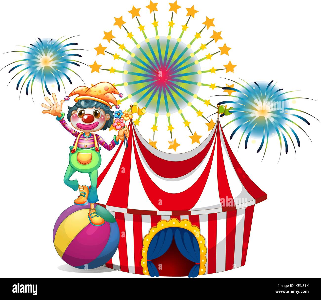 Illustrazione di un clown vicino alla tenda del circo su sfondo bianco Illustrazione Vettoriale