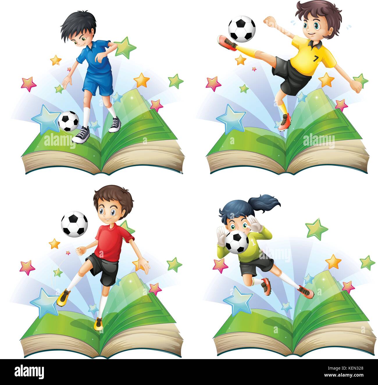 Ragazzi che giocano a calcio in libri Illustrazione Vettoriale