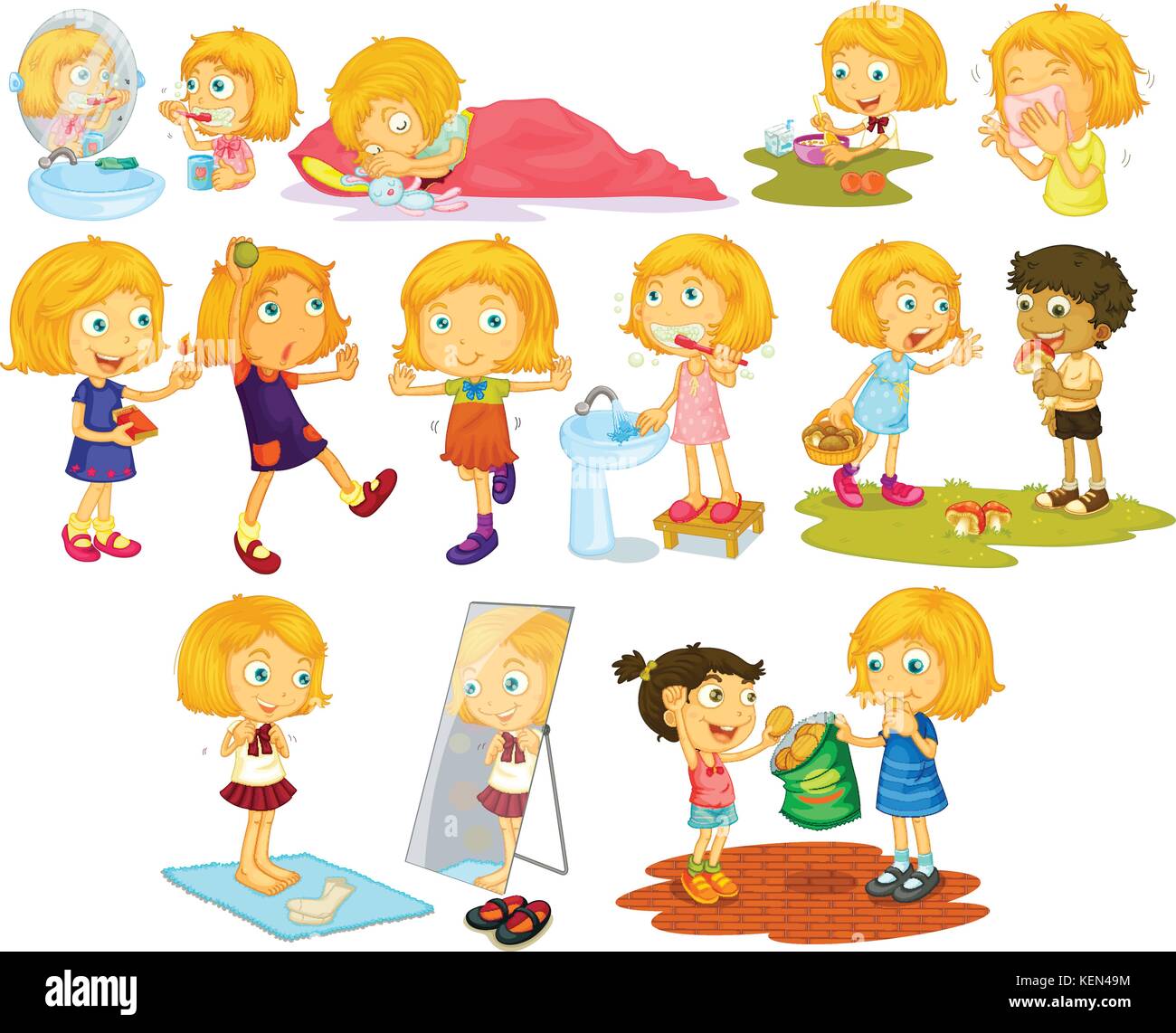 Illustrazione di diverse pose di una bionda Ragazza capelli Illustrazione Vettoriale