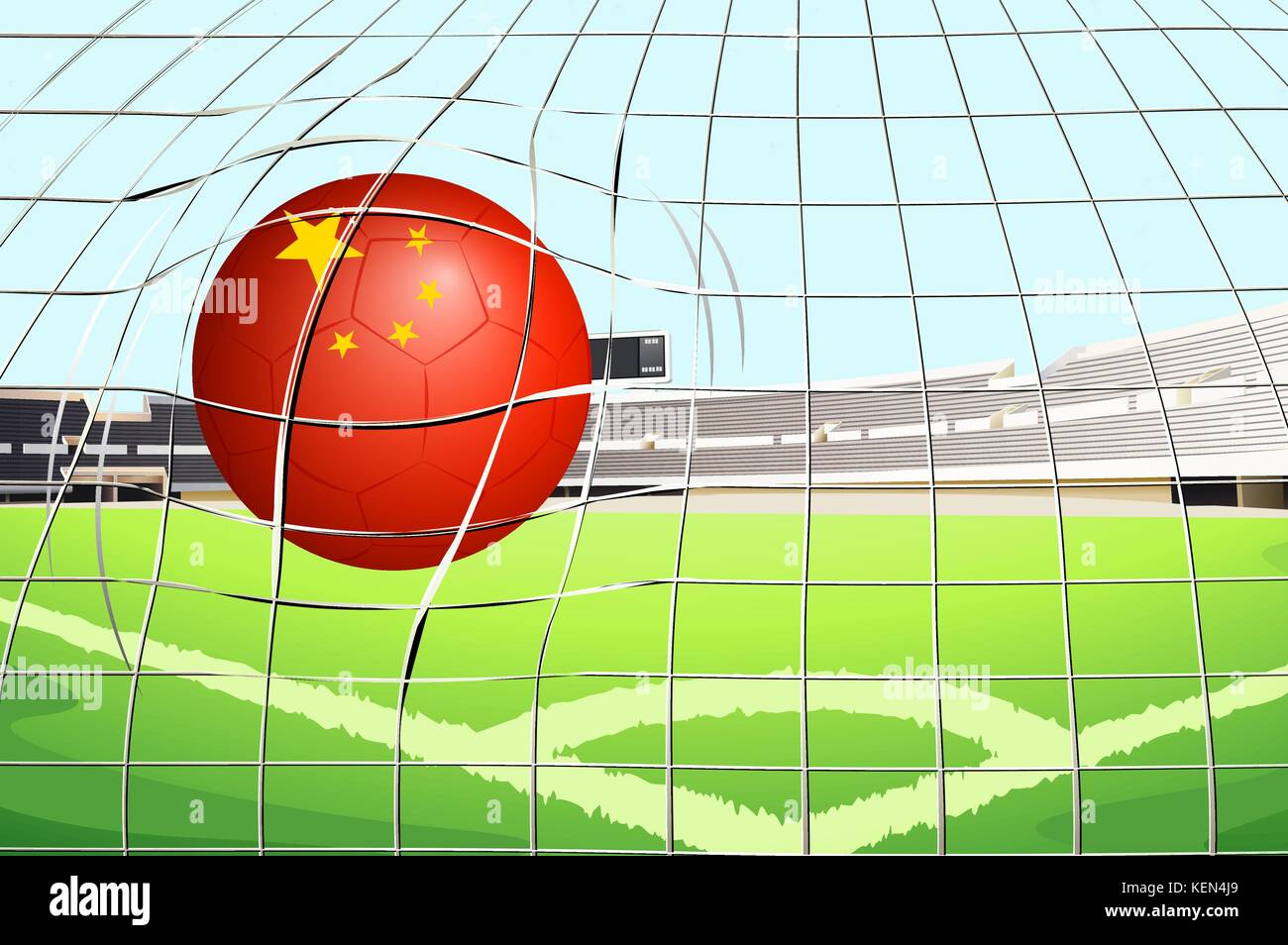 Illustrazione di un pallone da calcio in campo con la bandiera della Repubblica popolare cinese Illustrazione Vettoriale