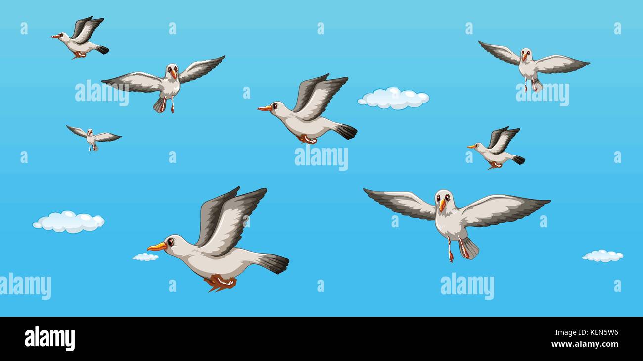 Illustrazione di gabbiani volare nel cielo Illustrazione Vettoriale