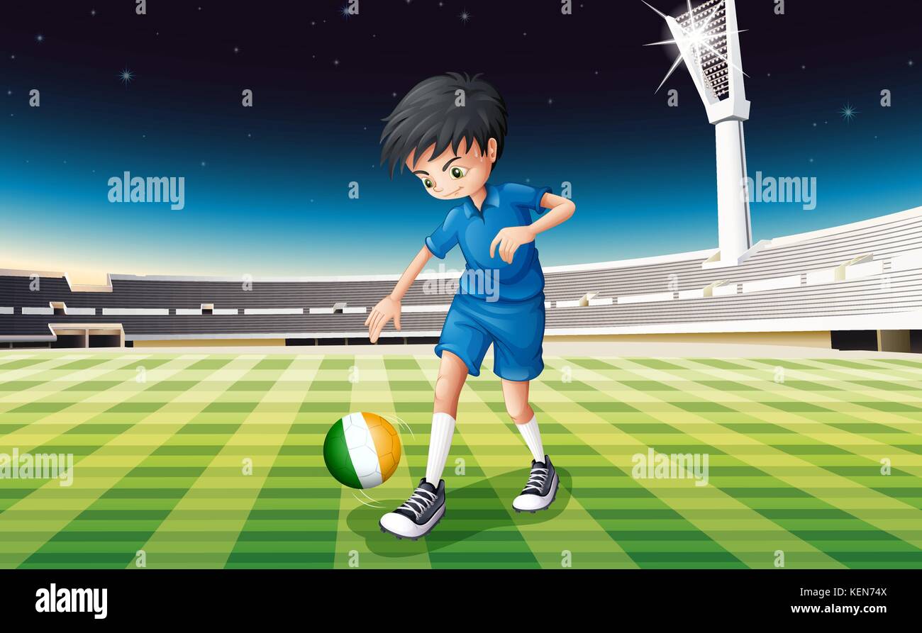 Illustrazione di un ragazzo in campo utilizzando la palla con la bandiera dell'Irlanda Illustrazione Vettoriale