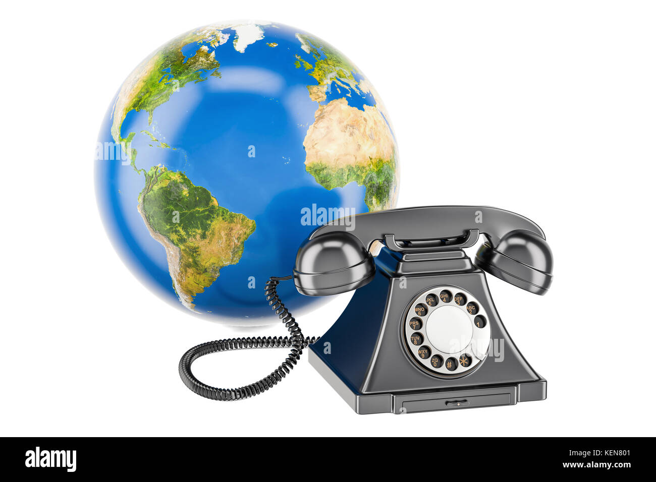 Pianeta Terra con telefono, comunicazione globale del concetto. 3D rendering isolati su sfondo bianco Foto Stock