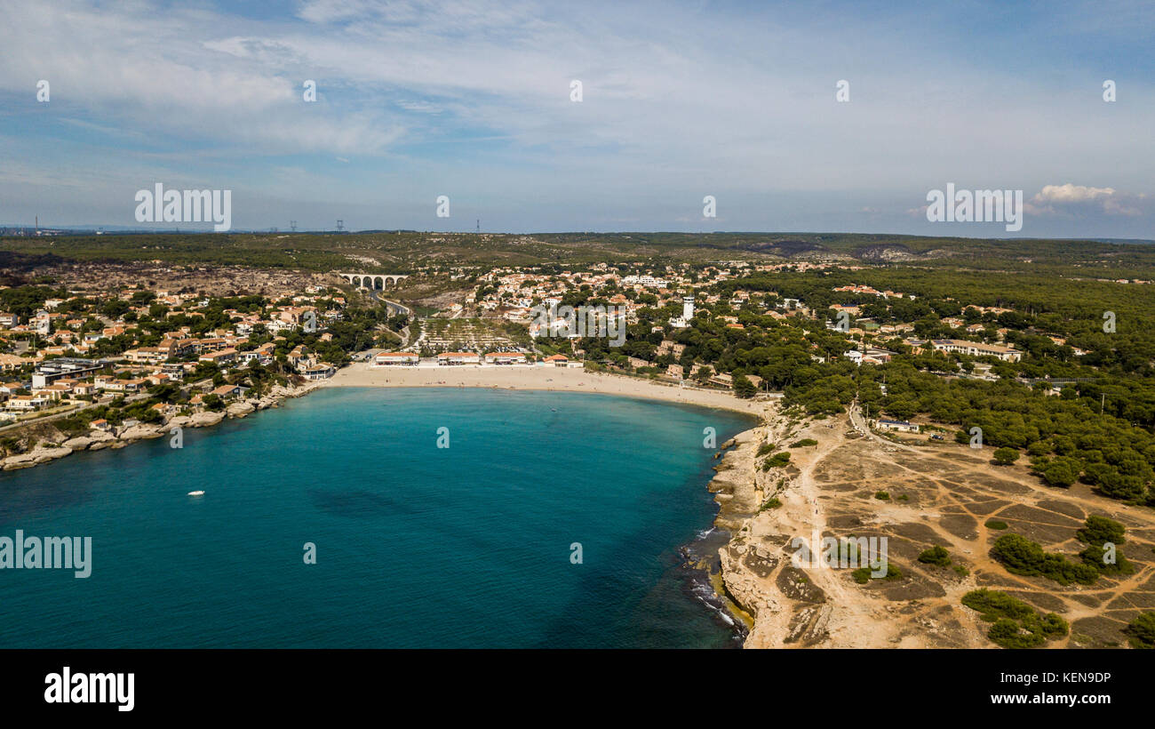 Vista aerea del verdon Beach sulla costa azzurra nel sud della Francia Foto Stock