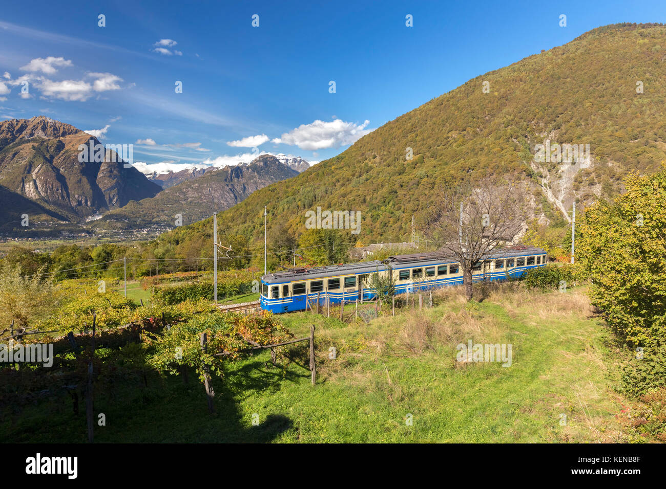 Il treno Vigezzina passa attraverso i colori autunnali di Verigo, Trontano, Parco Nazionale della Val Grande, Val d'Ossola, Piemonte, Italia. Foto Stock