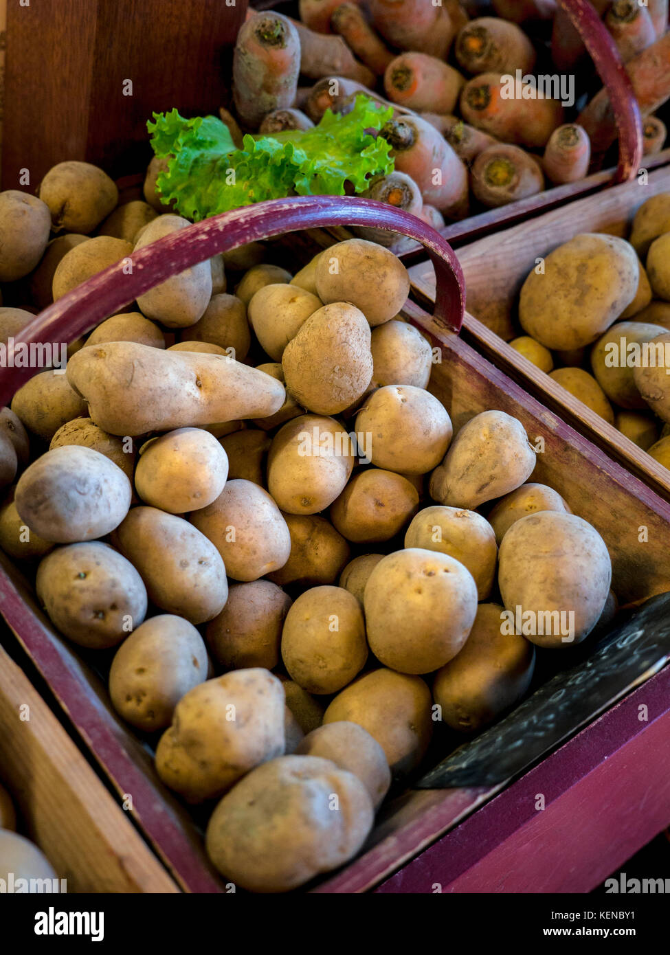 Bauletto cesto di patate francesi sul display in fresco di mercato degli agricoltori Bretagna Francia Foto Stock