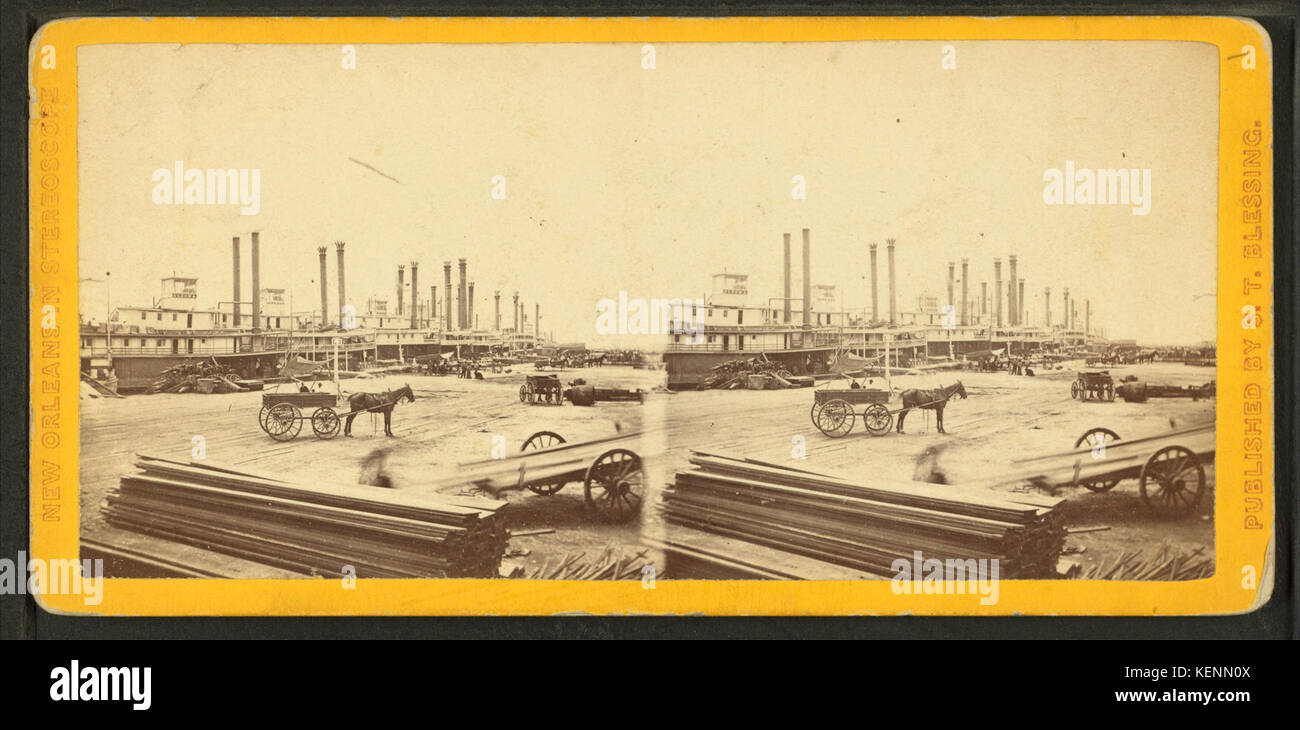 Steamboat atterraggio, da Bienville Street, guardando l'argine, con la tomaia spedizioni in lontananza, da S. T. Benedizione Foto Stock