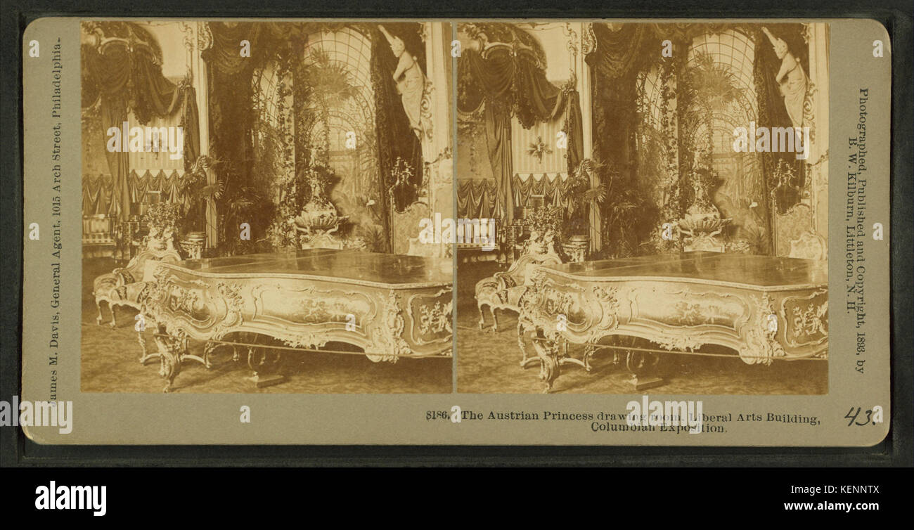 Questa immagine, scattata durante l'esposizione colombiana nel 1893, mostra il salotto della principessa austriaca nel Palazzo delle Arti Liberali, evidenziandone il design architettonico e il significato culturale. Foto Stock