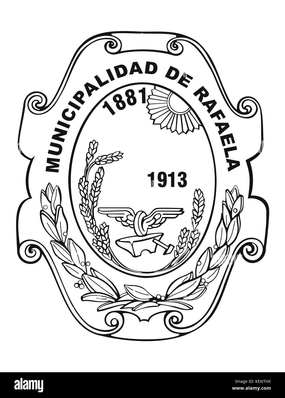 Questa immagine mostra lo stemma moderno (Escudo) della città di Rafaela, situata in Argentina. Il design riflette il patrimonio locale, la cultura e il significato storico della città. Foto Stock