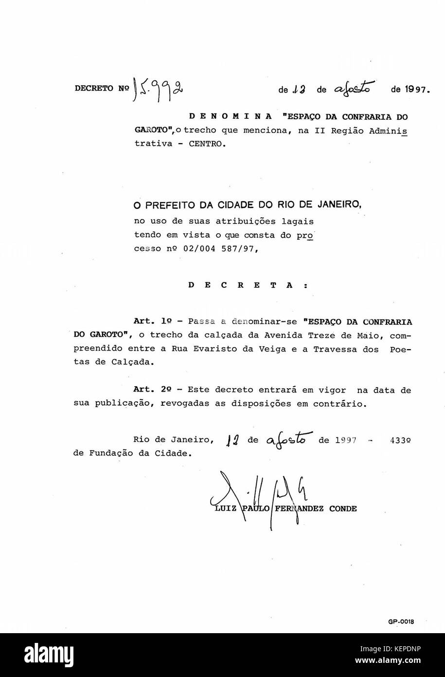 Decreto municipale 1997 15992 RioDeJaneiro Foto Stock