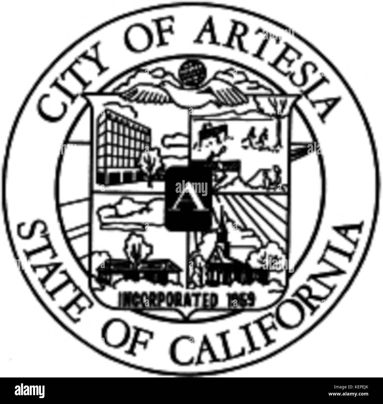 Il sigillo di Artesia, California, rappresenta il simbolo ufficiale di Artesia, una città della contea di Los Angeles, California. Il sigillo incorpora elementi che riflettono l'identità e il patrimonio della città, compresi i simboli del suo passato agricolo e dell'orgoglio locale. Foto Stock