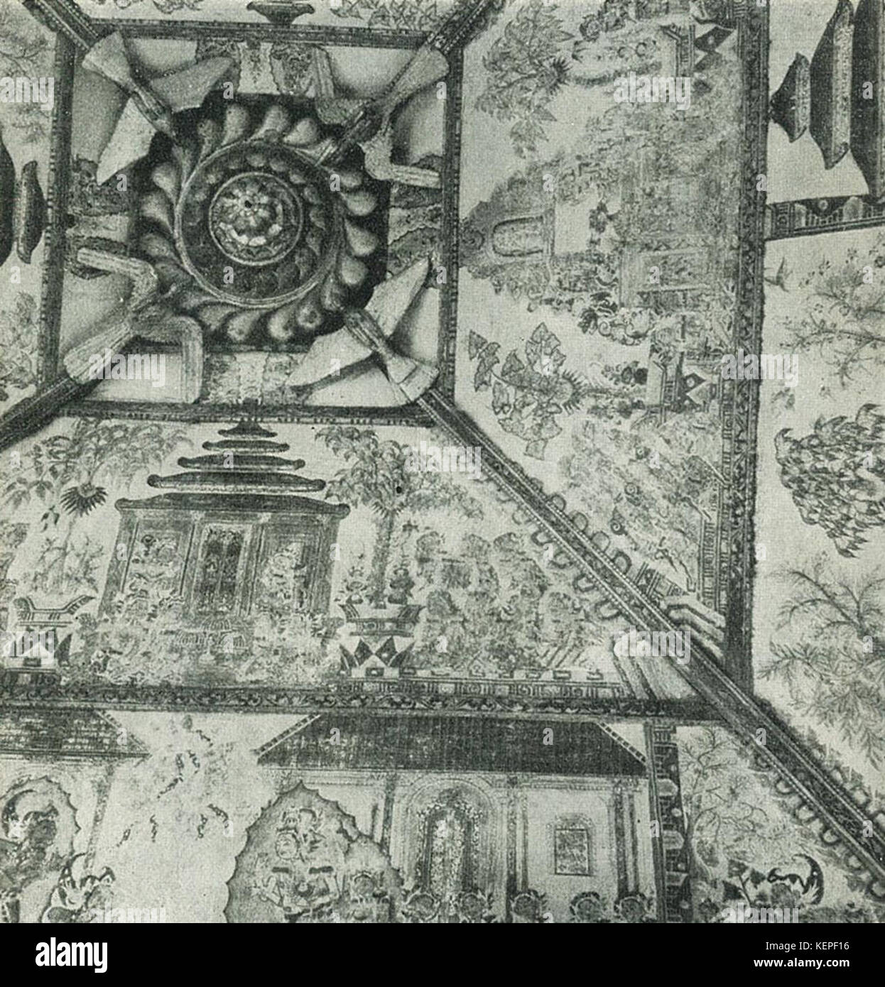 L'interno della sala della giustizia a Klungkung, Bali, è raffigurato in questa immagine. Mostra elementi architettonici e culturali del sistema giudiziario di Bali. Foto Stock