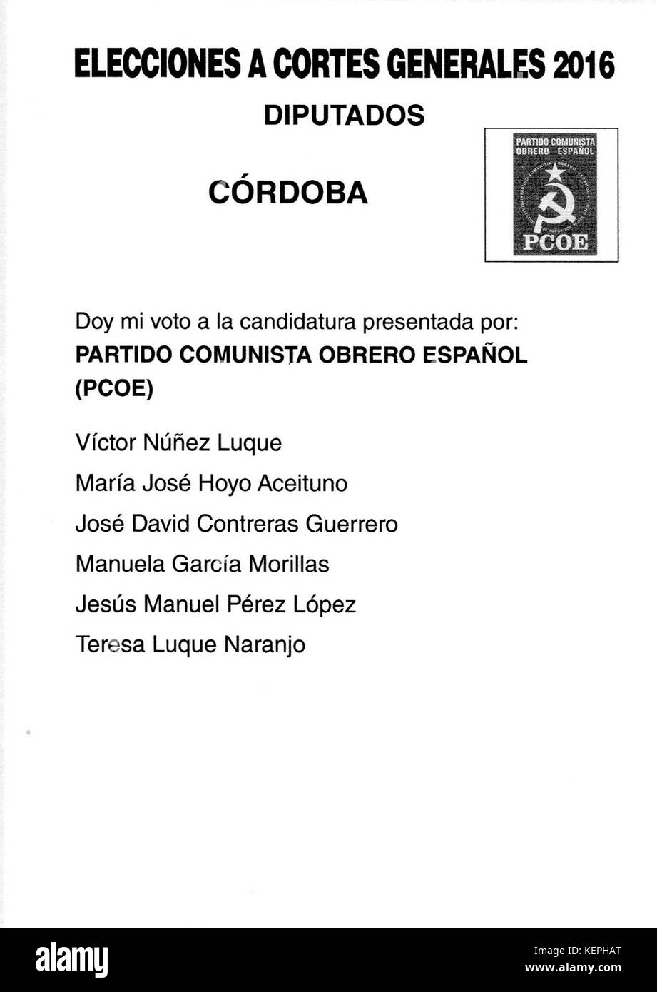 Le elezioni generali spagnole del 2016 da Córdoba rappresentano le scelte politiche disponibili durante le elezioni. Esso riflette il processo democratico e la rappresentanza politica in Spagna. La scheda elettorale include candidati e partiti tra cui gli elettori possono scegliere. Foto Stock