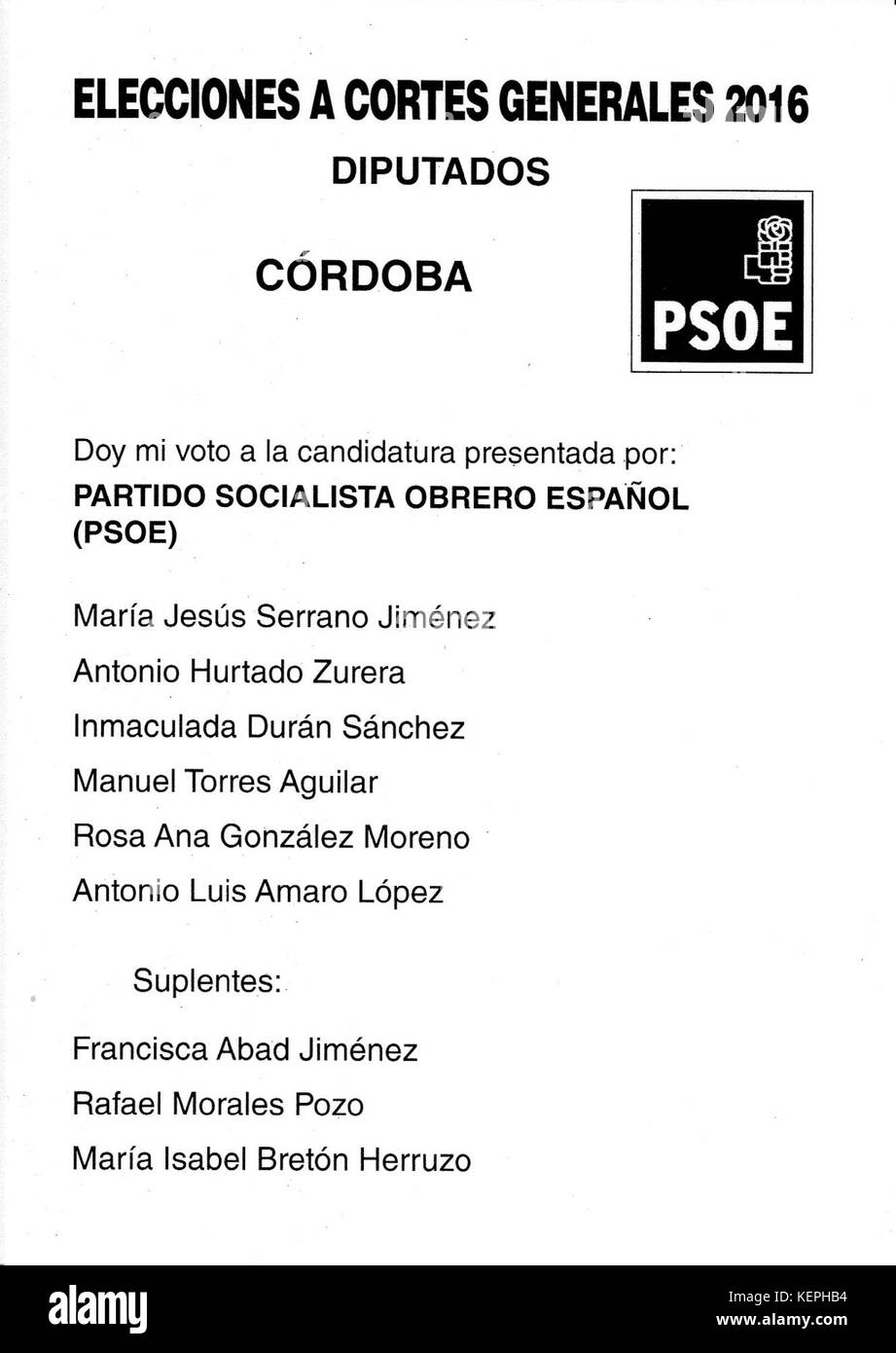 2016 spagnolo elezioni generali scrutinio Cordoba PSOE Foto Stock