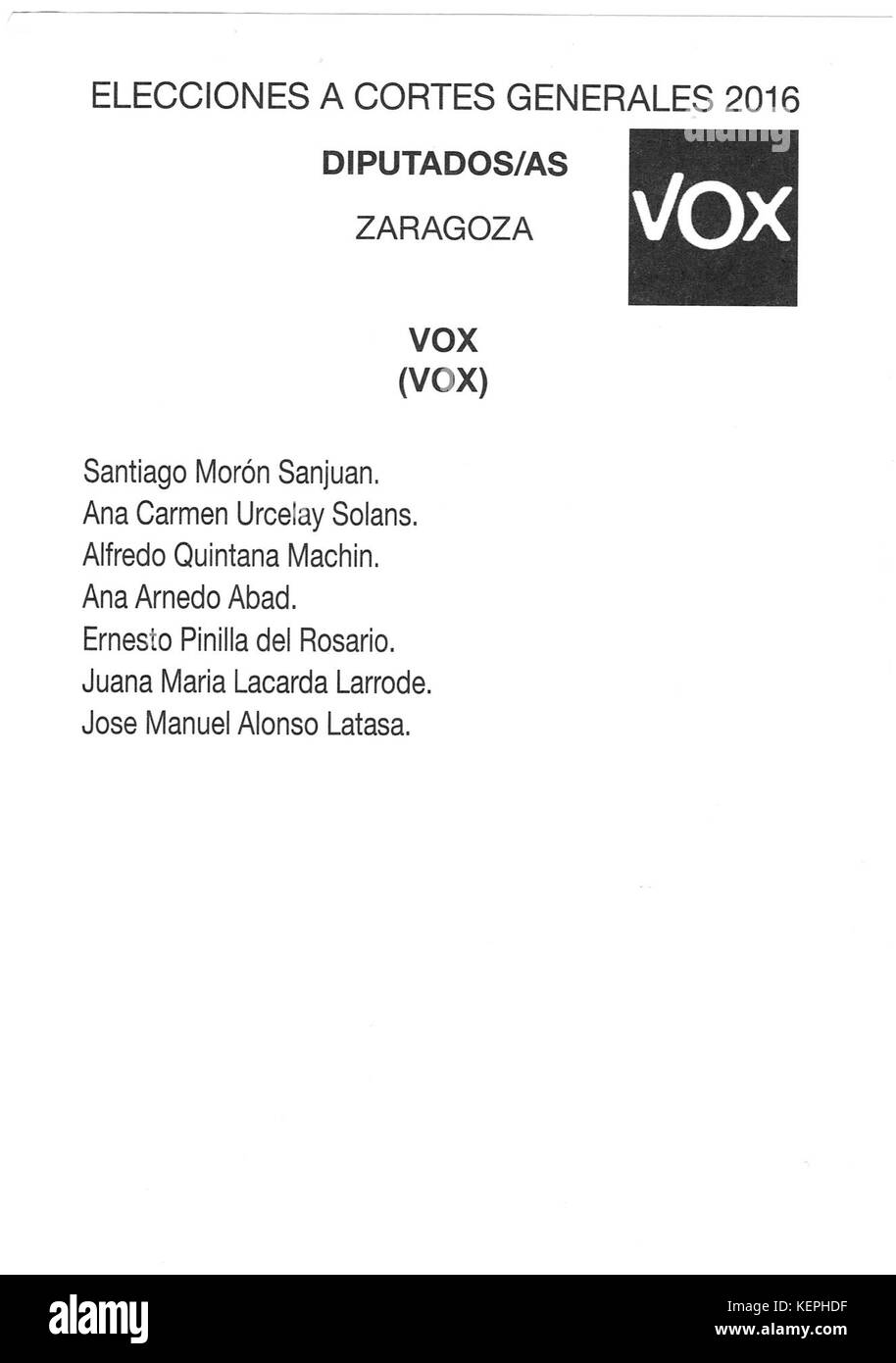2016 spagnolo elezioni generali scrutinio Zaragoza Vox Foto Stock