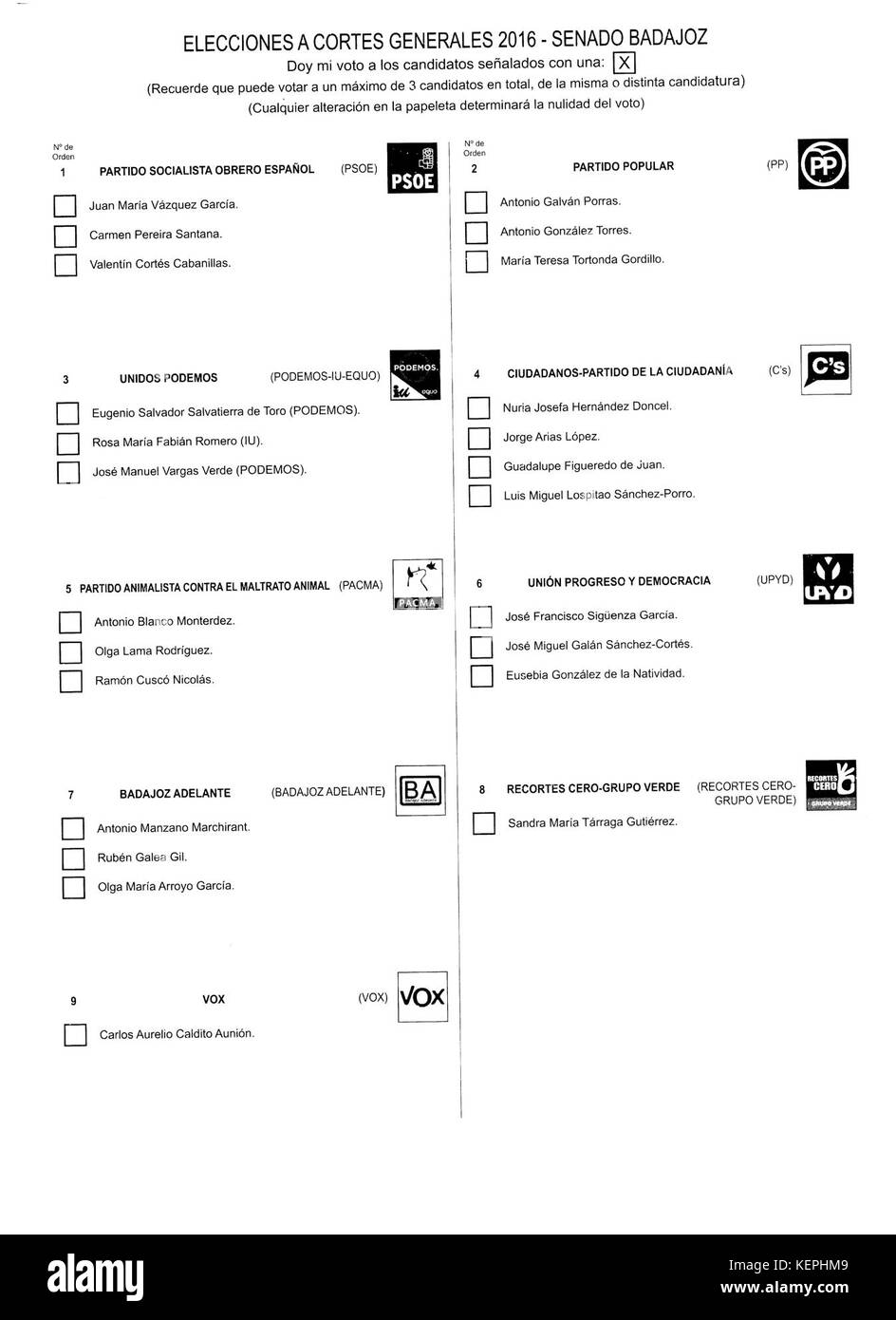 2016 spagnolo elezioni generali scrutinio Badajoz Senado Foto Stock