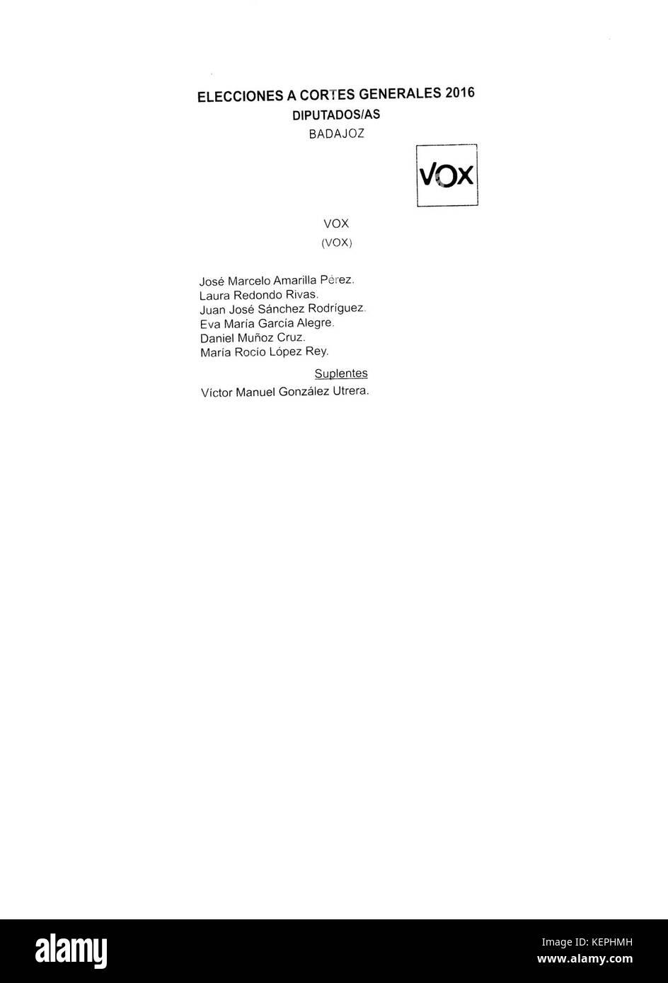 2016 spagnolo elezioni generali scrutinio Badajoz VOX Foto Stock