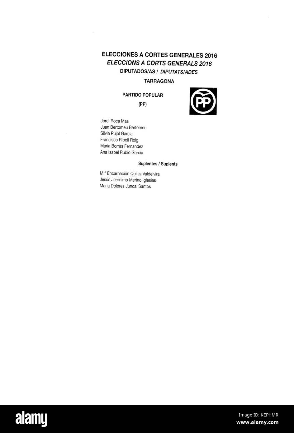 2016 spagnolo elezioni generali scrutinio Tarragona PP Foto Stock