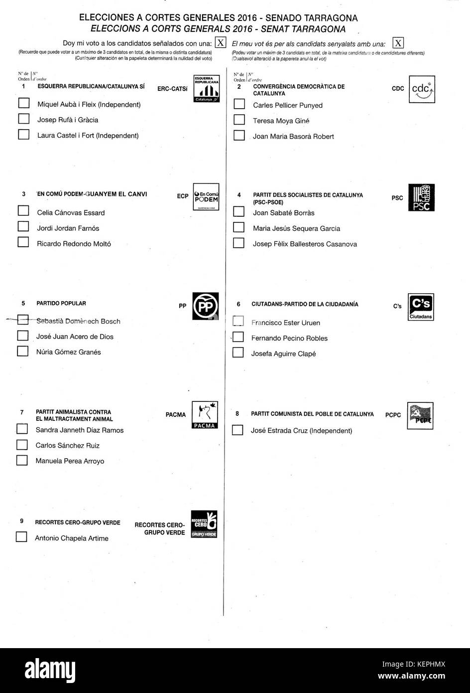 2016 spagnolo elezioni generali scrutinio Tarragona Senado Foto Stock