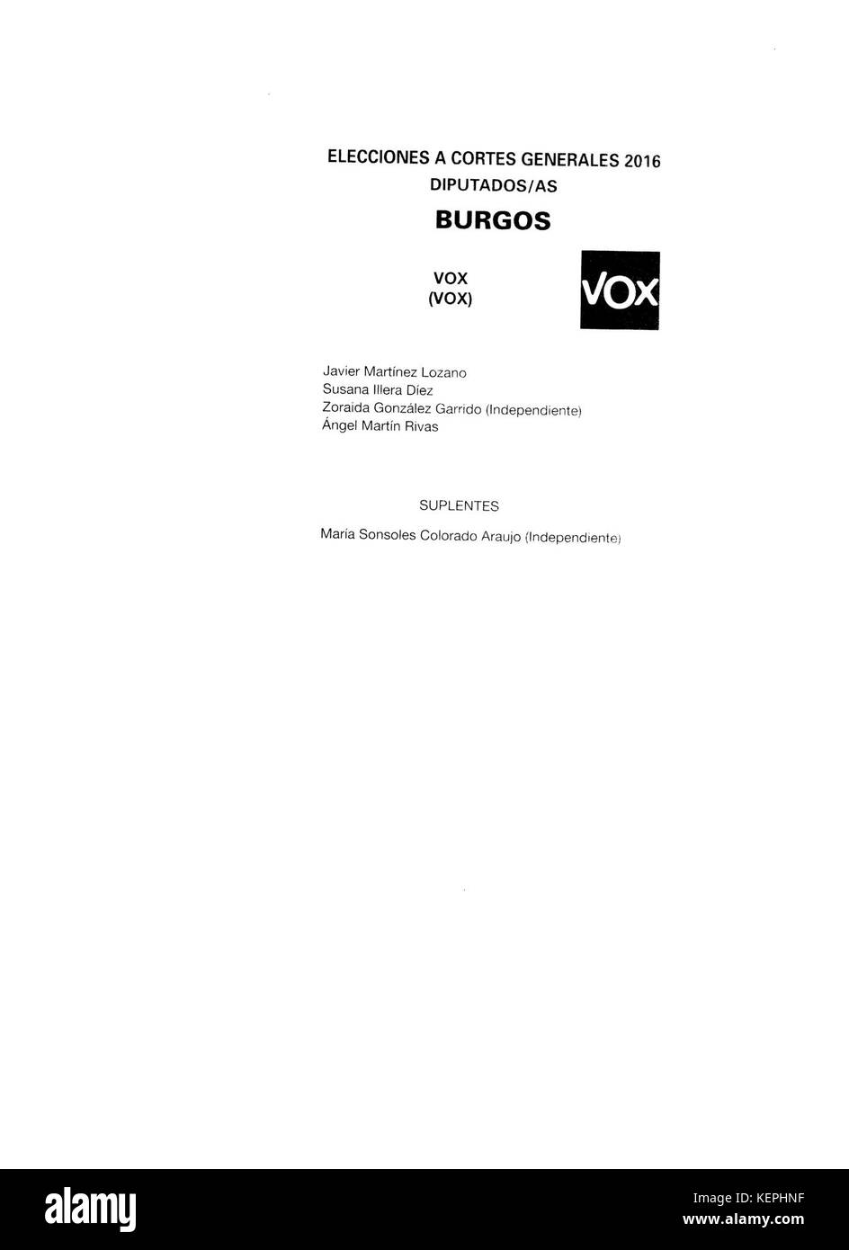 2016 spagnolo elezioni generali scrutinio Burgos VOX Foto Stock