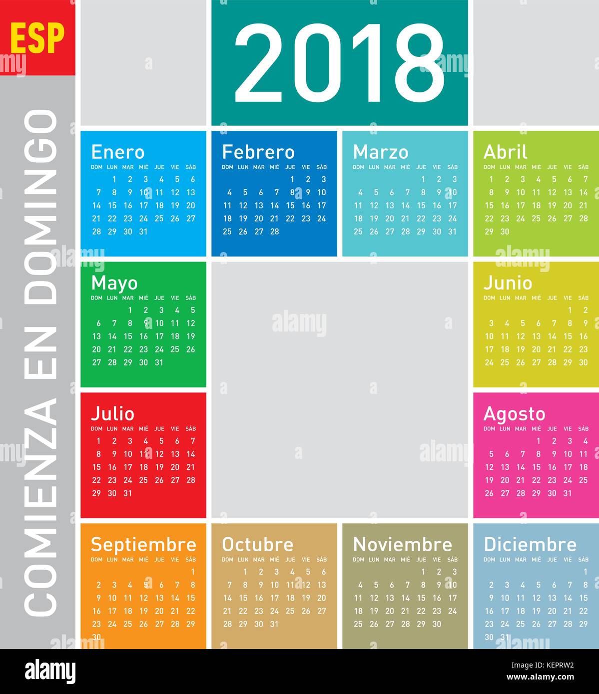 Calendario colorate per l'anno 2018, in spagnolo. Settimana comincia la domenica Illustrazione Vettoriale