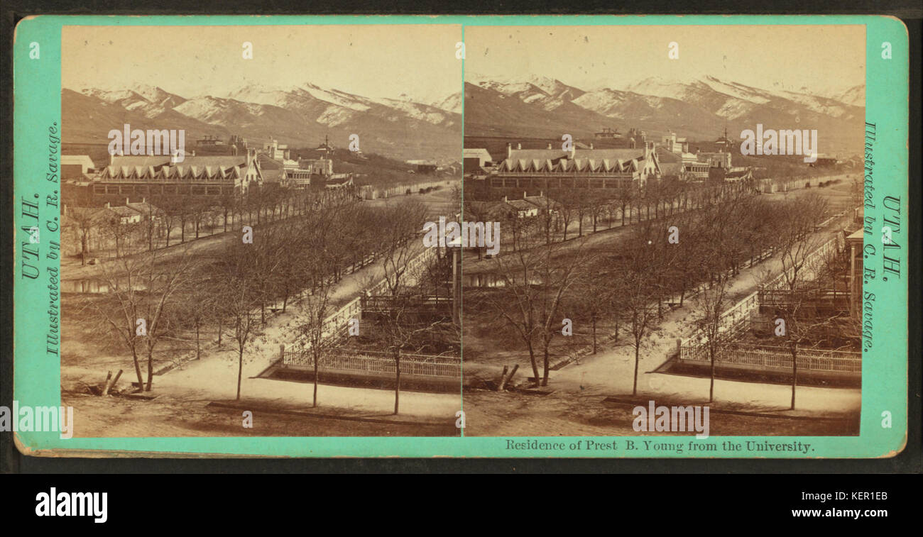 Un'illustrazione storica di Charles Roscoe Savage raffigurante la residenza del presidente Brigham Young, una figura significativa nella storia mormone, che mostra lo stile architettonico del XIX secolo. Foto Stock