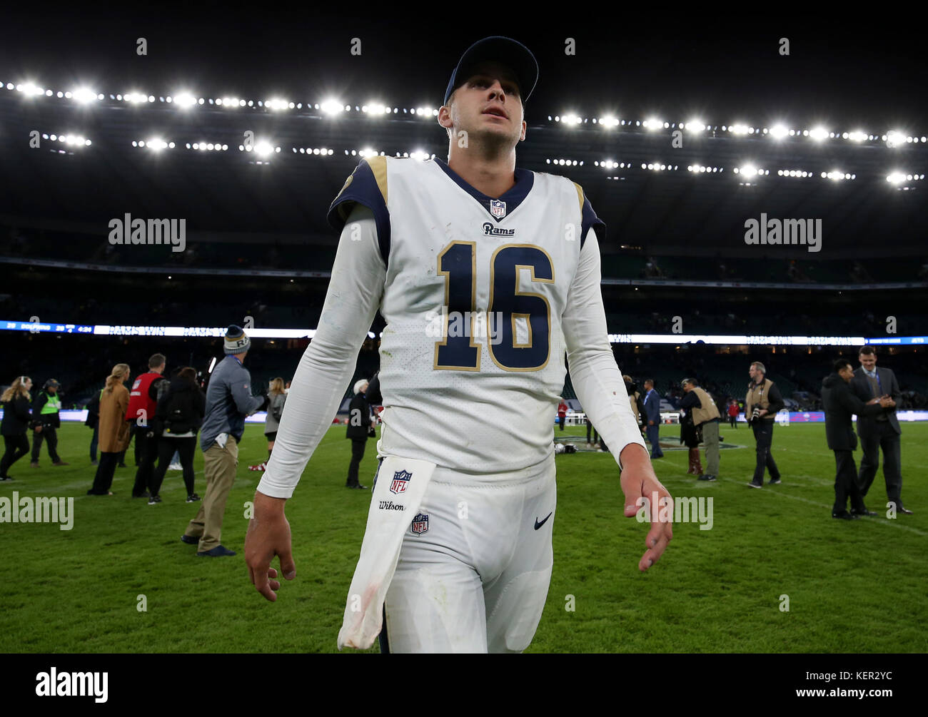 Jared Goff di Los Angeles Rams dopo la partita NFL della International Series a Twickenham, Londra. Foto Stock