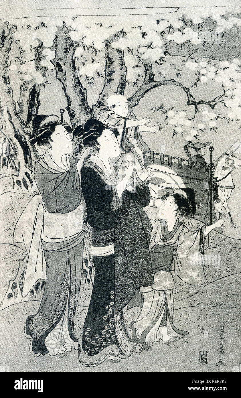 La didascalia per questa immagine legge-Toyohiro: sinistra del foglio di un trittico. Due onorevoli colleghe e ai bambini la visione di arcieri in pratica; firmato Toyohiro; editore, Yamada-ya. Utagawa Toyohiro che visse dal 1773 al 1828 fu un artista giapponese e pittore. Egli apparteneva alla scuola Utagawa. Questo dipinto risale ai primi giorni della sua carriera. Questa scena è frm un trittico è da una rara serie intitolata "dodici mesi da due artisti". Foto Stock