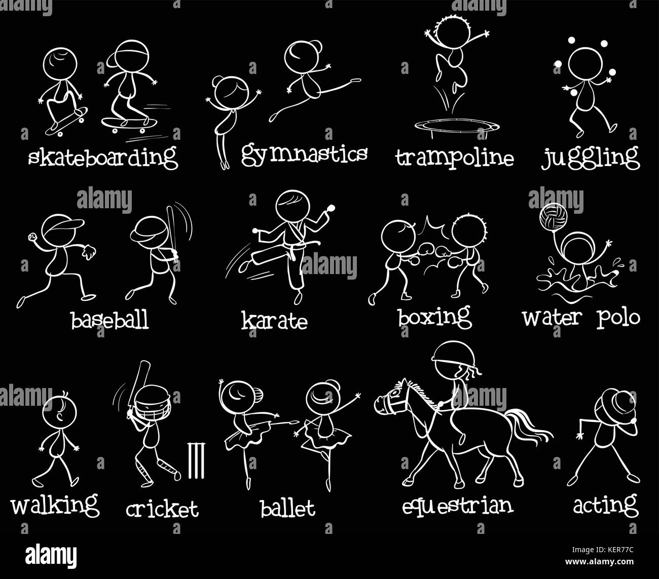 Illustrazione di molti sport su nero Illustrazione Vettoriale