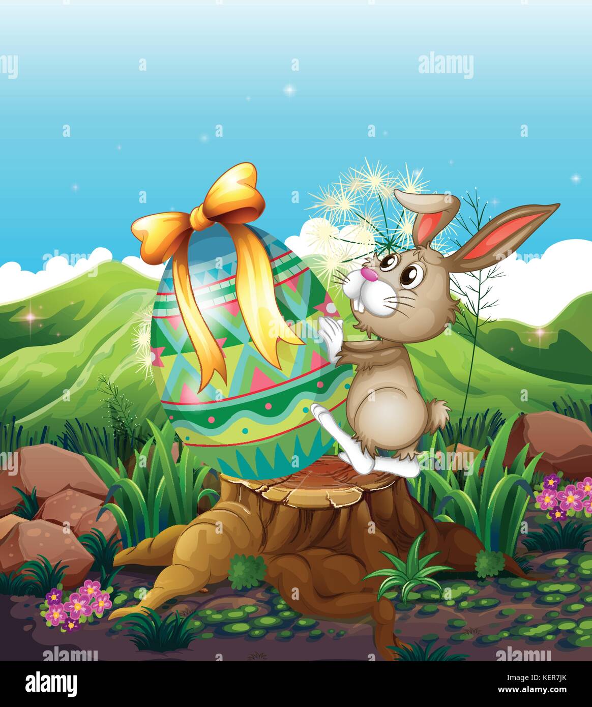 Illustrazione di un coniglio e un grosso uovo di pasqua al di sopra del moncone Illustrazione Vettoriale