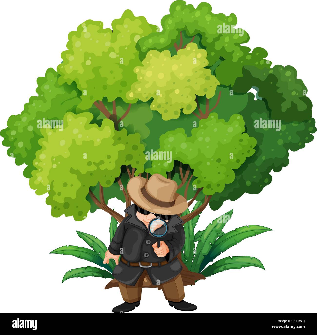 Illustrazione di un detective vicino al grande albero su sfondo bianco Illustrazione Vettoriale