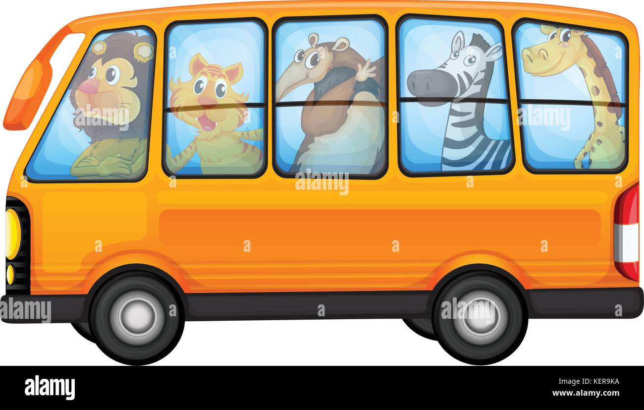 Illustrazione di molti animali su un bus Illustrazione Vettoriale