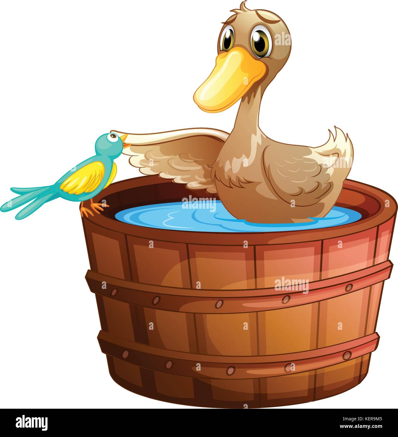 Illustrazione di un anatra e un uccello presso la vasca con acqua su sfondo bianco Illustrazione Vettoriale