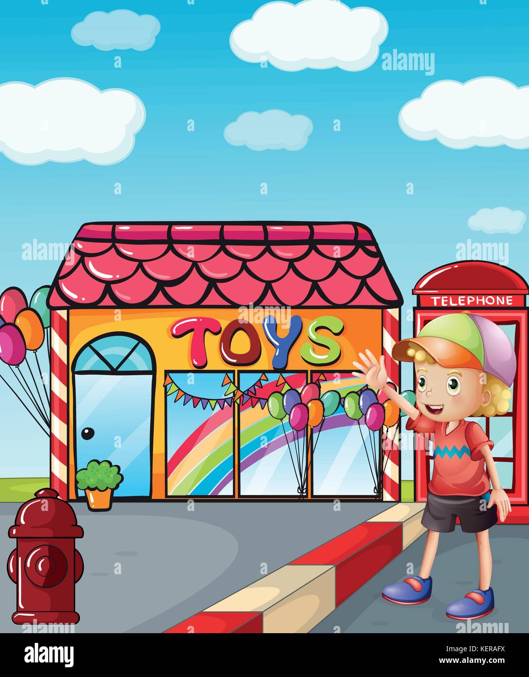Illustrazione di un ragazzo che indossa un cappello sventolano al di fuori del negozio di giocattoli Illustrazione Vettoriale