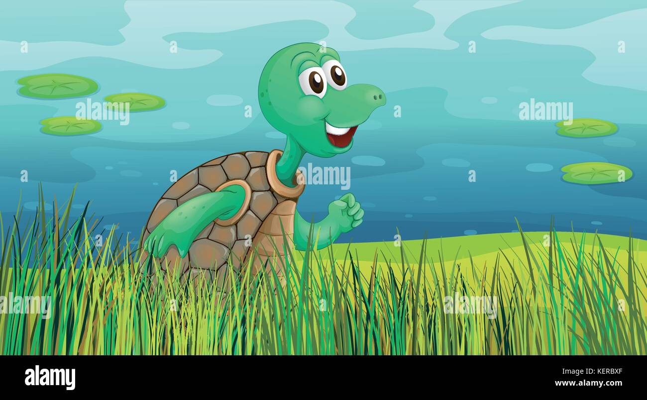 Illustrazione di una tartaruga che corre lungo il laghetto Illustrazione Vettoriale