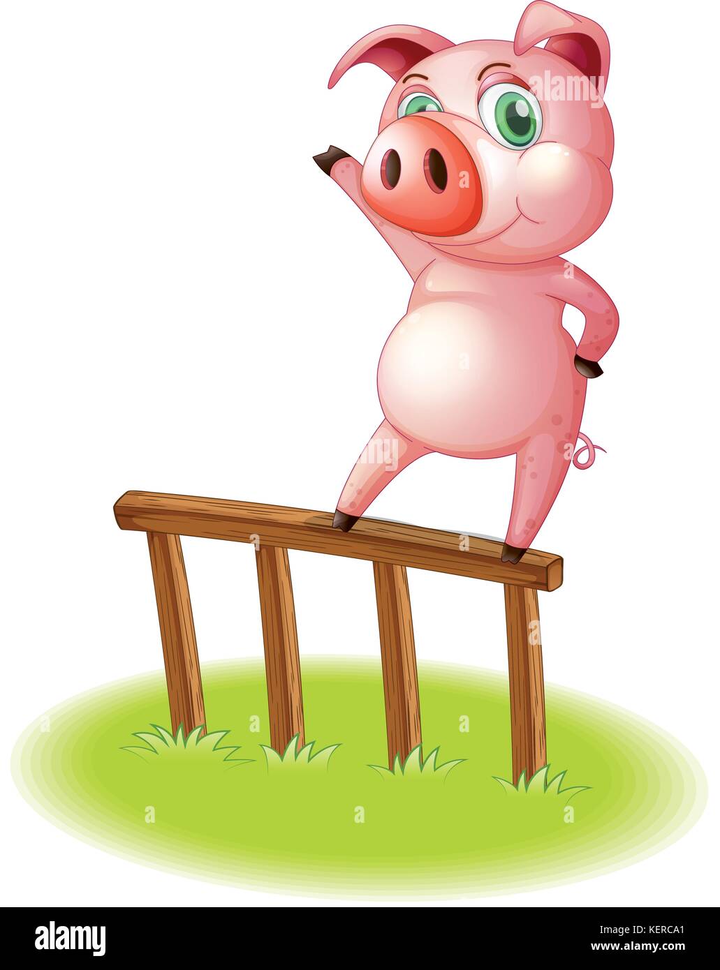 Illustrazione di un maiale in piedi sopra la recinzione di legno su sfondo bianco Illustrazione Vettoriale