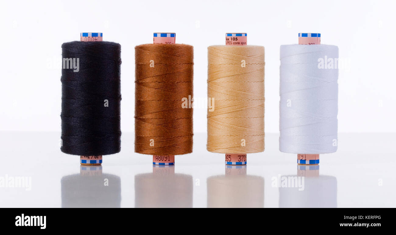 Quattro filati per cucire di bobine di diversi colori su bianco Foto Stock