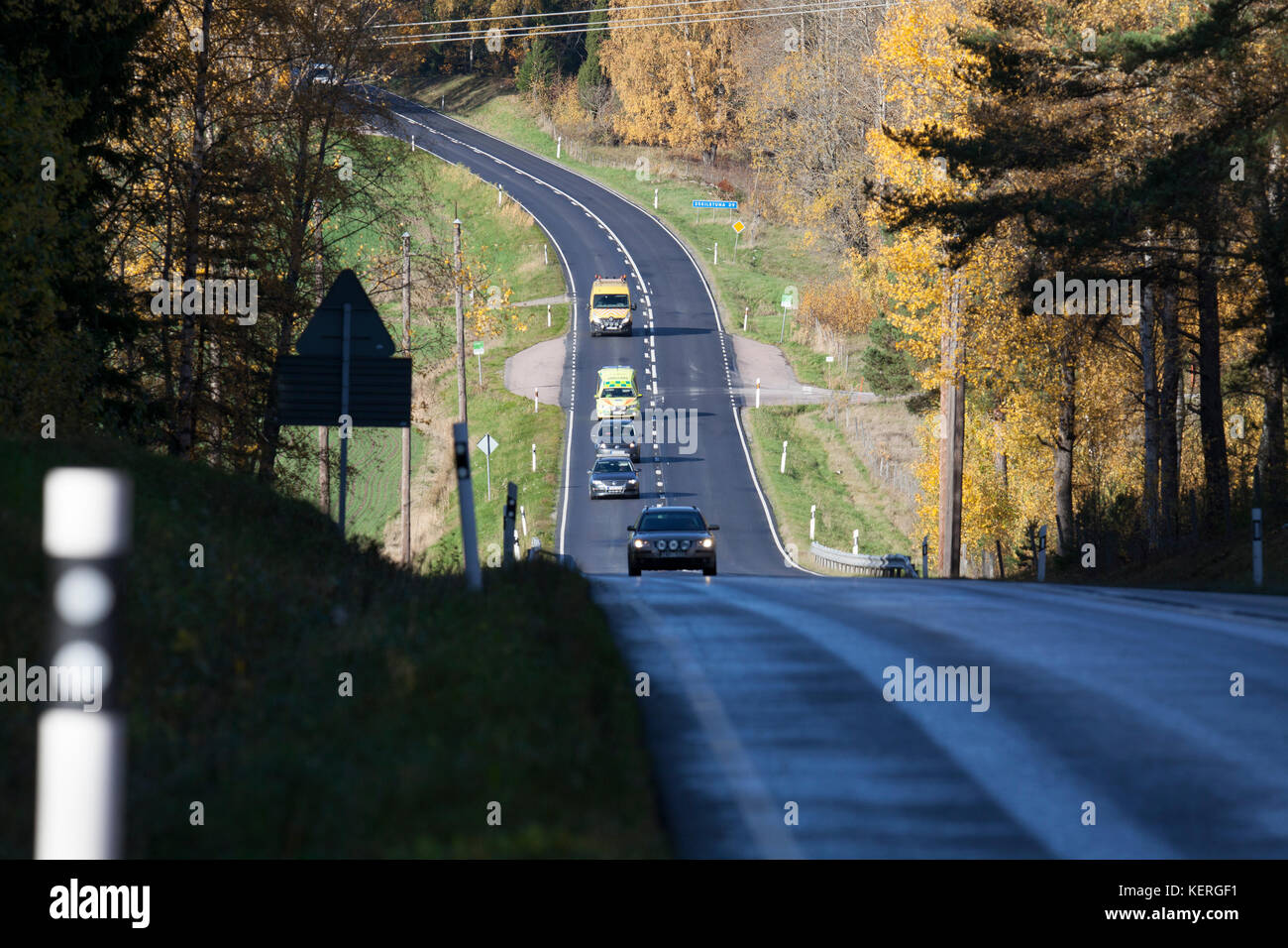 TRAFFICO nella natura svedese a colori autunnali Foto Stock